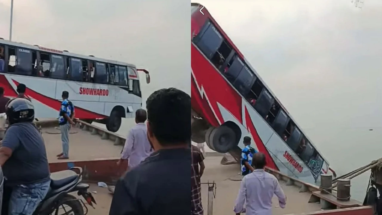 দৌলতদিয়া ঘাটে ফেরিতে ওঠার সময় বাস নদীতে, বহু হতাহতের আশঙ্কা