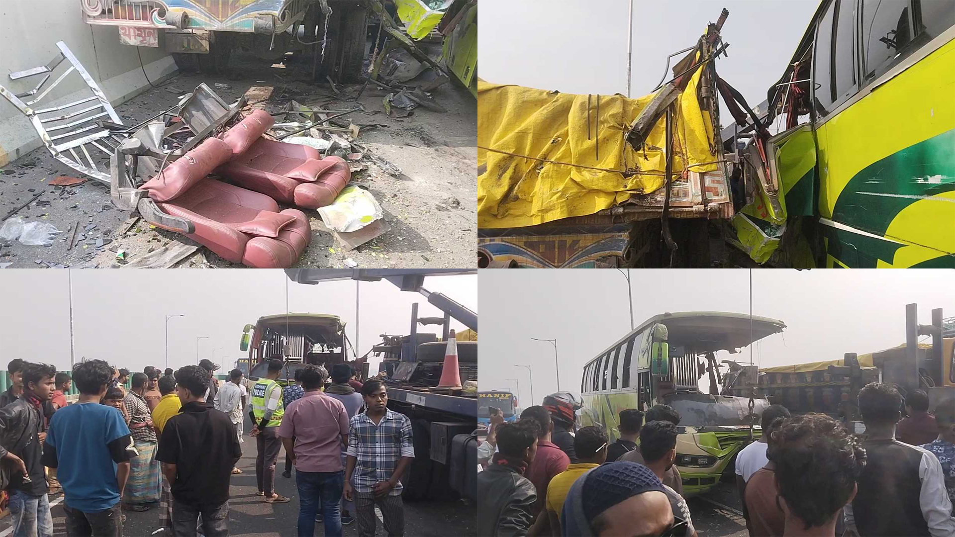 শিবচরের আড়িয়াল খাঁ নদের সেতুর উপর ঢাকা থেকে ভাঙ্গাগামী একটি বাসের সাথে একটি ট্রাকের সংঘর্ষ । ছবি: সংগৃহীত