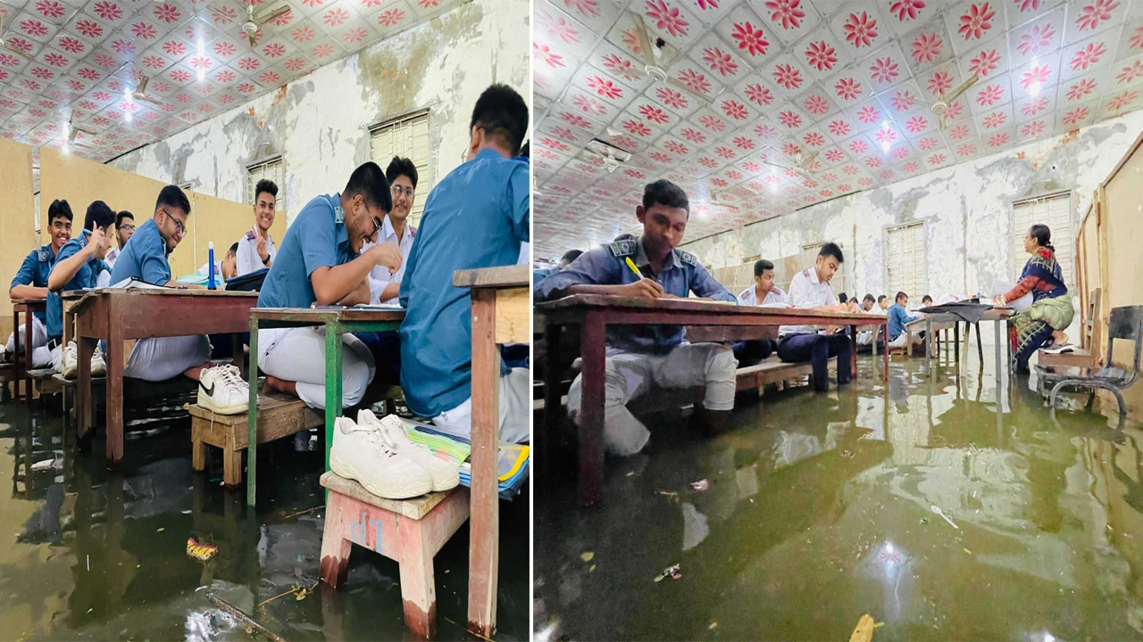 ভারি বৃষ্টিতে ডুবল কুমিল্লা, বেঞ্চে পা তুলে পরীক্ষা দিলো এসএসসি পরীক্ষার্থীরা