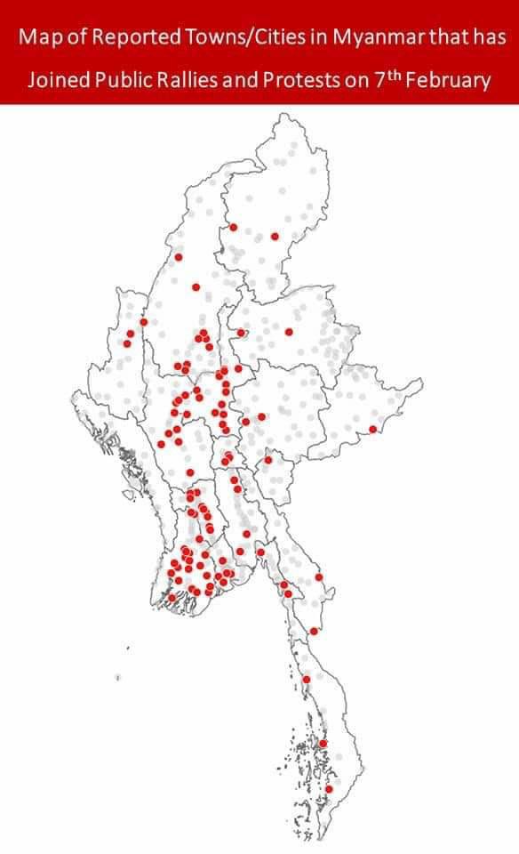 মানচিত্রে মিয়ানমার বিক্ষোভ: ৭ ফ্রেব্রুয়ারি বেশিরভাগ শহরে এমন বিক্ষোভ হয়